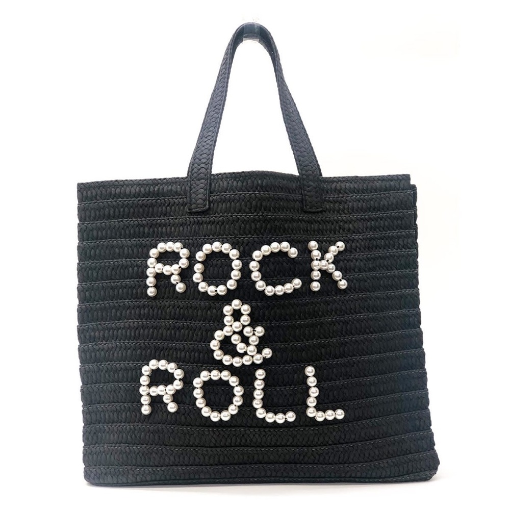 btb Los Angeles black raffia tote bag. ROCK & ROLL pearls new
